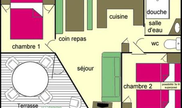 plan d'un chalet simple (7,30 x 5 m) ; capacité maximale : 4 ou 5 personnes - Stereden, Village de Chalets