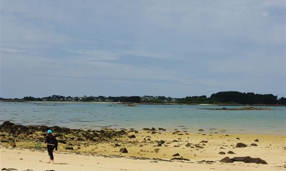 Grandes marées en Bretagne : Pleumeur-Bodou, plage de Keryvon avec l'île d'Aval - Stereden, Village de Chalets