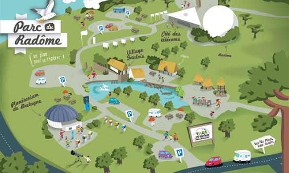 Plan du site du Parc du Radôme : cité des télécoms, planétarium, village gaulois - Stereden, Village de Chalets